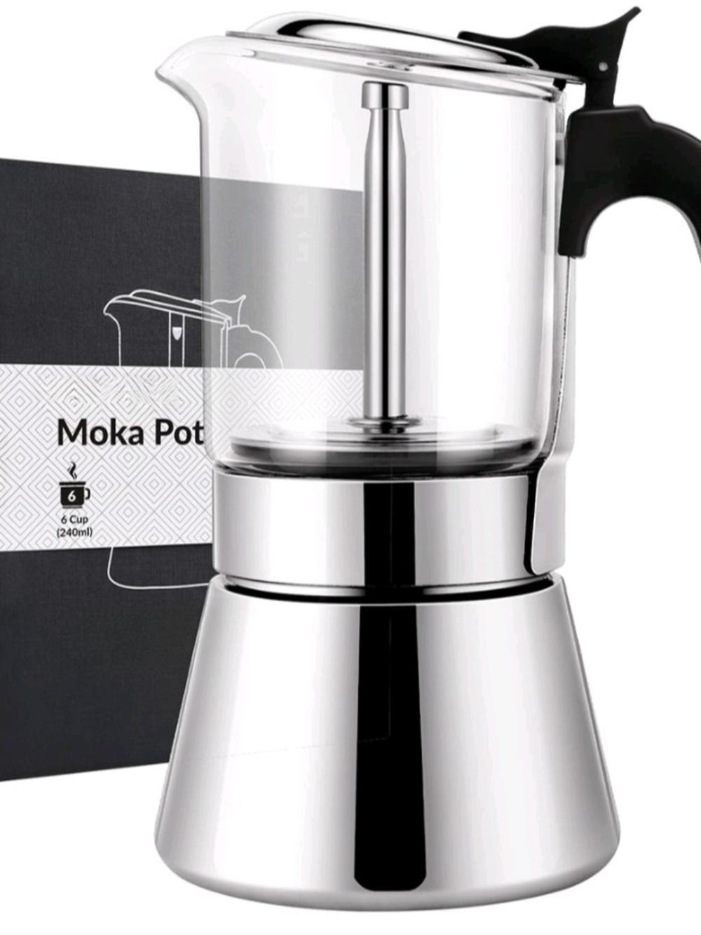Laoion Stainless Steel & Glass Moka Pot Coffee Maker - Clear/Black 9 Cup